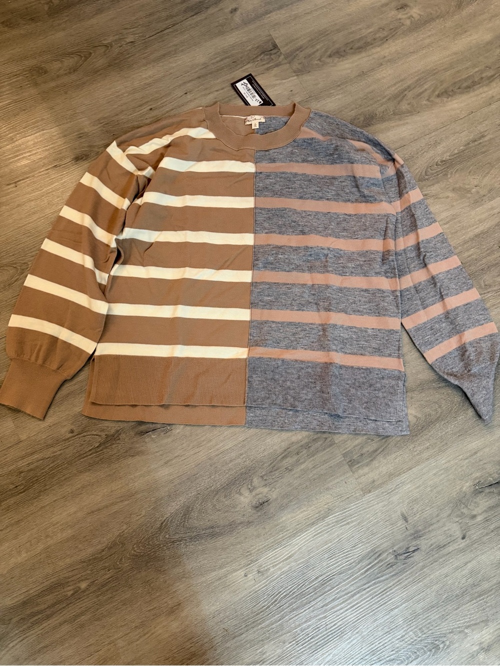 Hem & Thread Women's Striped Crewneck Sweater - Brown, Gray, Cream